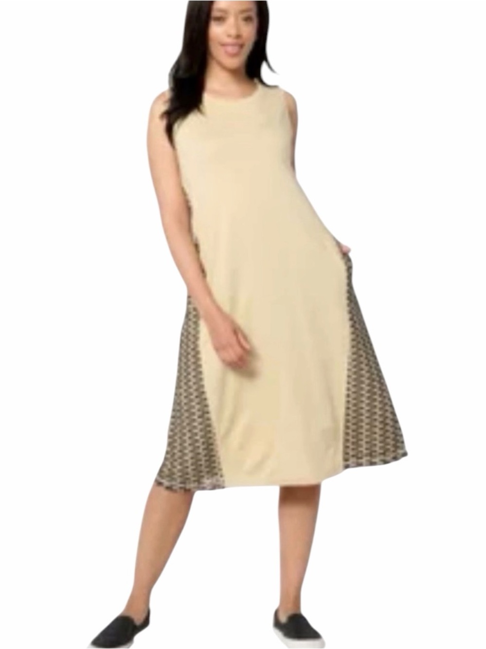 LOGO by Lori Goldstein•Beige Sleeveless Midi Tank Dress Patterned Side Panels
